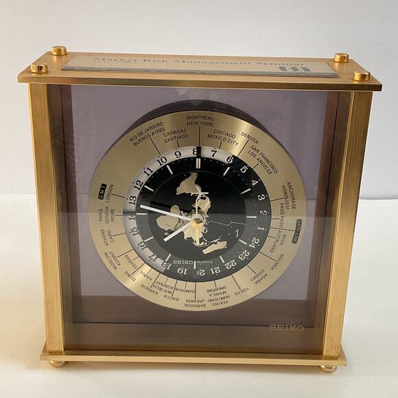 VTG 80s Seiko Quartz World Time Zone Clock With Airplane Second Hand Desk Mantle - Picture 1 of 12